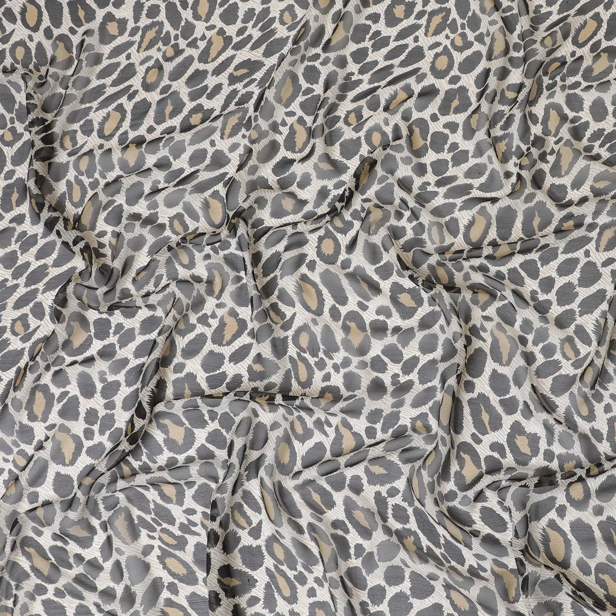 Light beige pure silk chiffon fabric with black and olive print in animal skin design-D9307