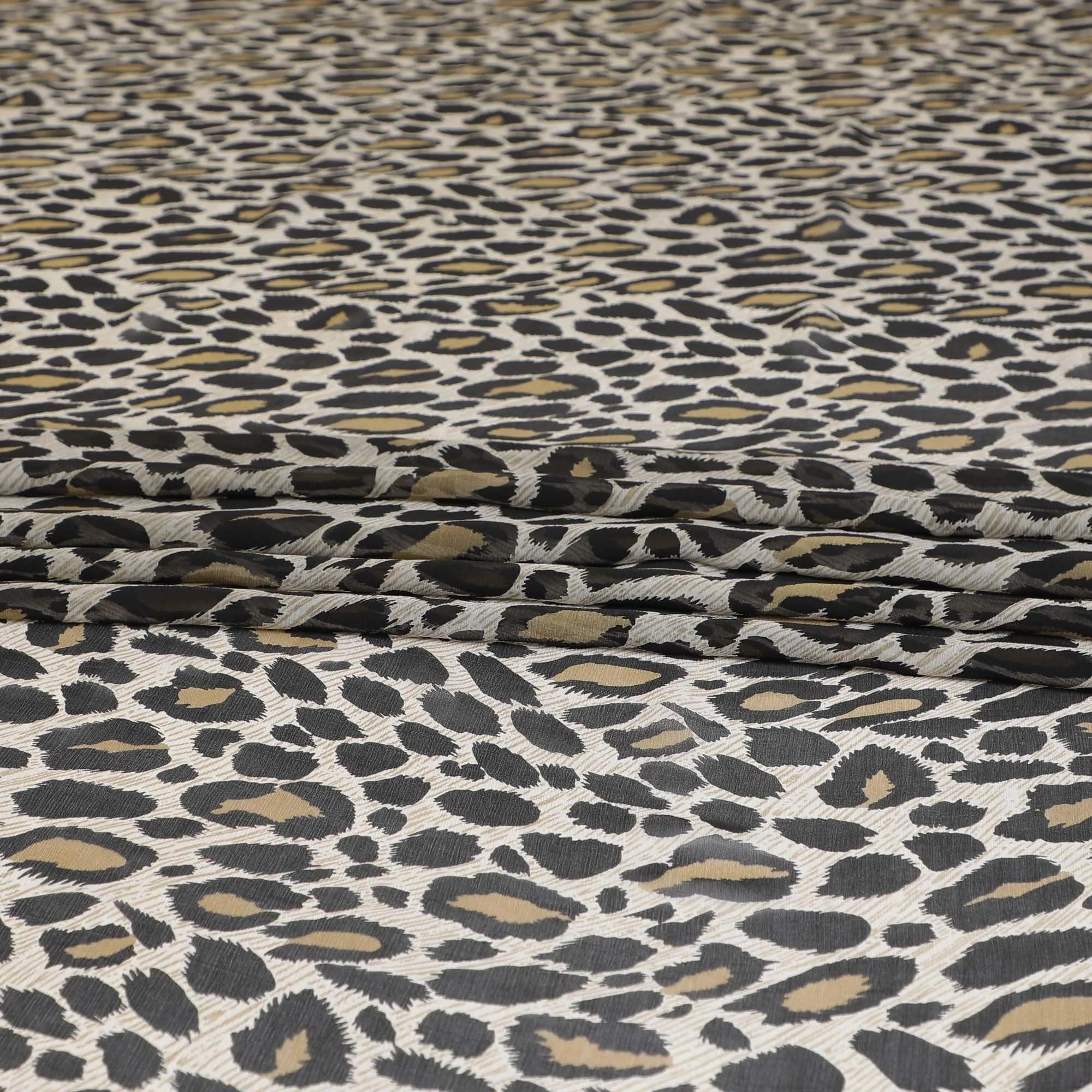 Light beige pure silk chiffon fabric with black and olive print in animal skin design-D9307