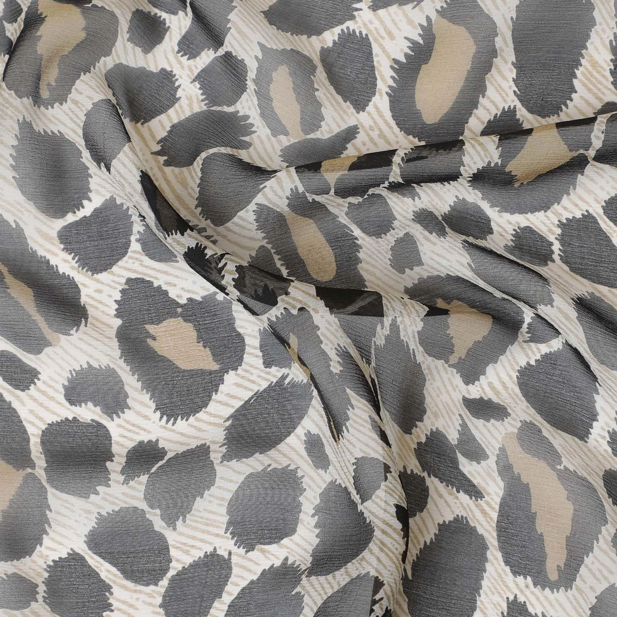 Light beige pure silk chiffon fabric with black and olive print in animal skin design-D9307