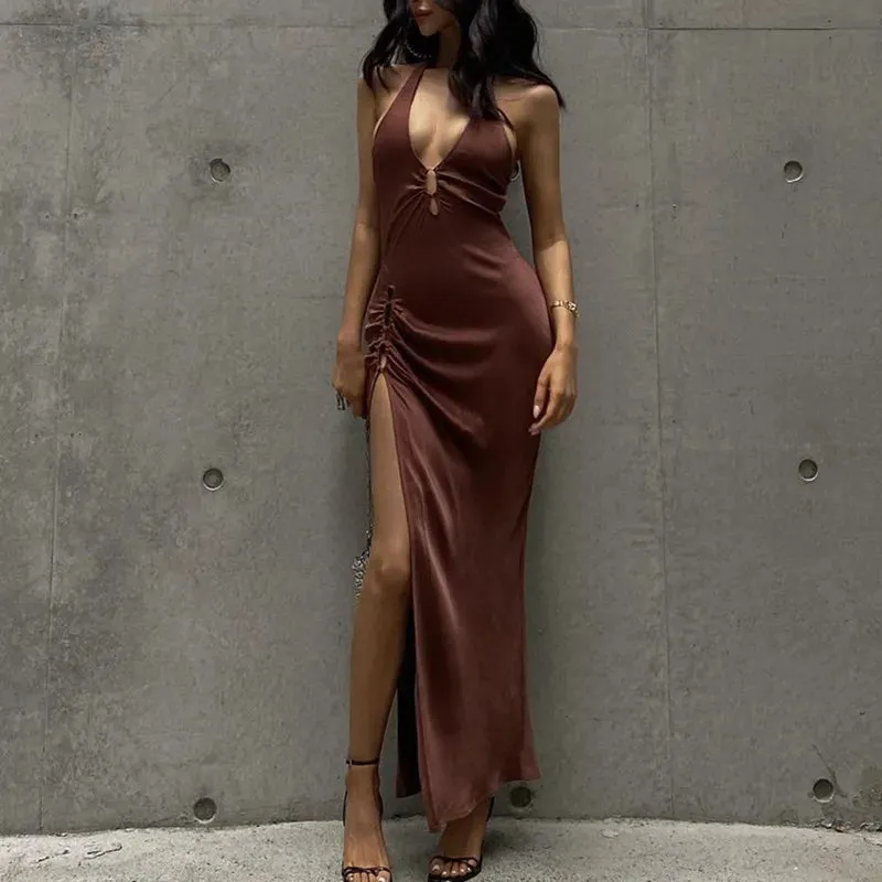 Long Skirt V-neck Maxi Dress with High Slit