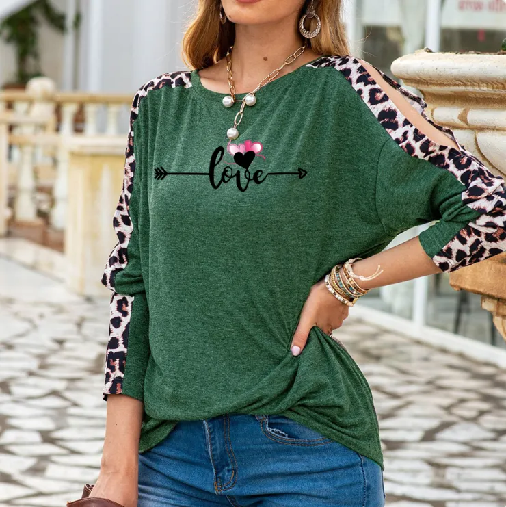 Love in Motion Women's Shoulder Slit Leopard Print Top