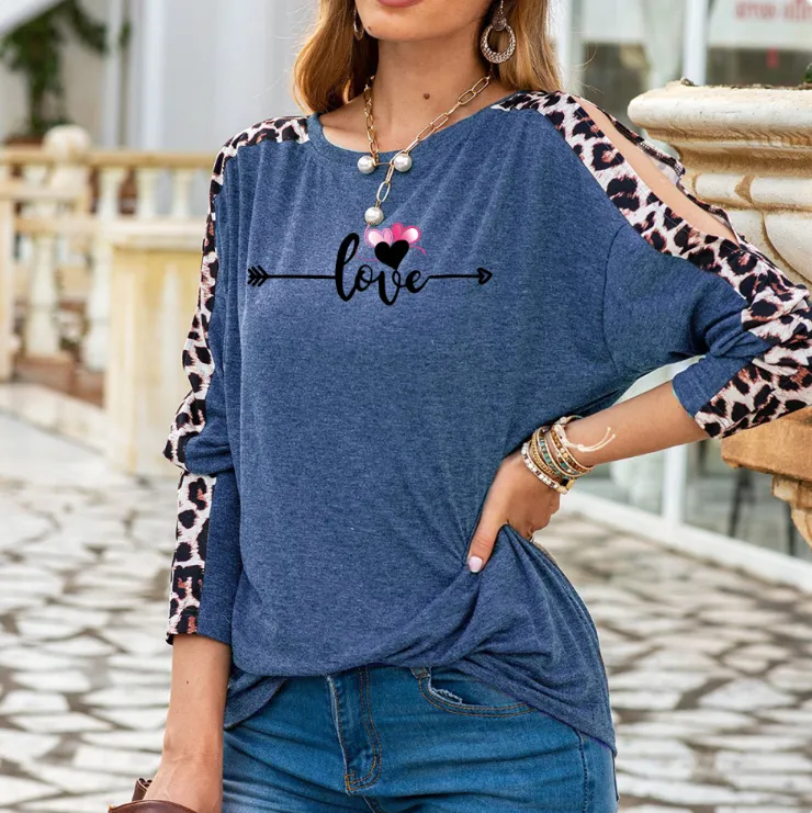 Love in Motion Women's Shoulder Slit Leopard Print Top