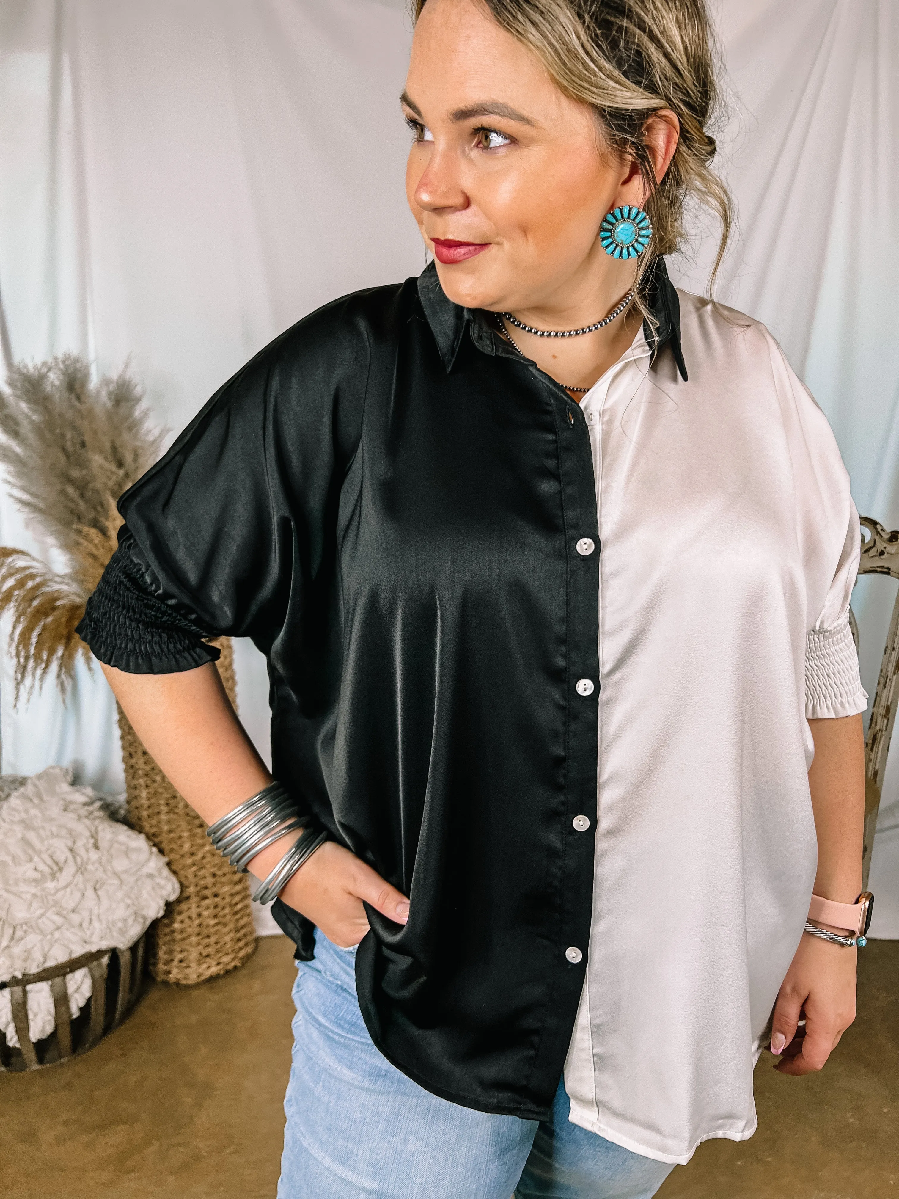 Major Glow Satin Smocked 3/4 Sleeve Button Up Blouse in Black and White