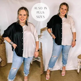 Major Glow Satin Smocked 3/4 Sleeve Button Up Blouse in Black and White