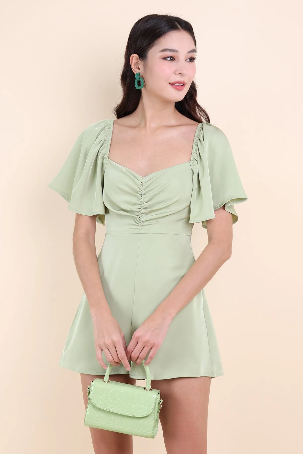 MEREDITH RUCHED ROMPER IN AVOCADO