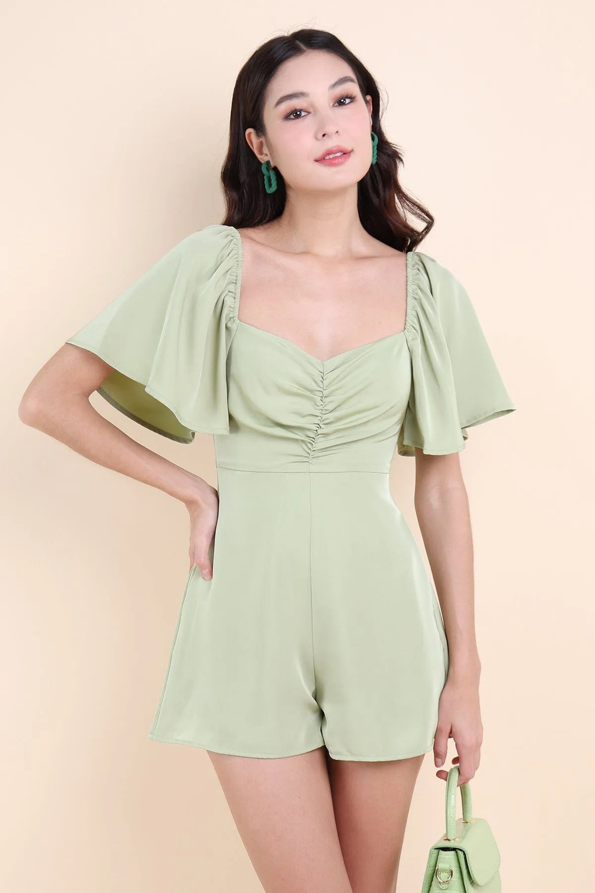 MEREDITH RUCHED ROMPER IN AVOCADO