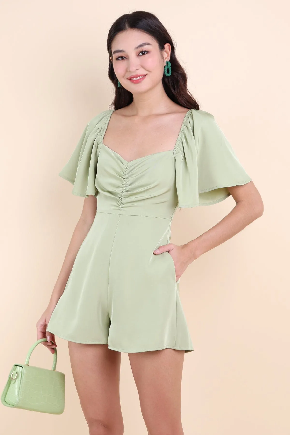 MEREDITH RUCHED ROMPER IN AVOCADO