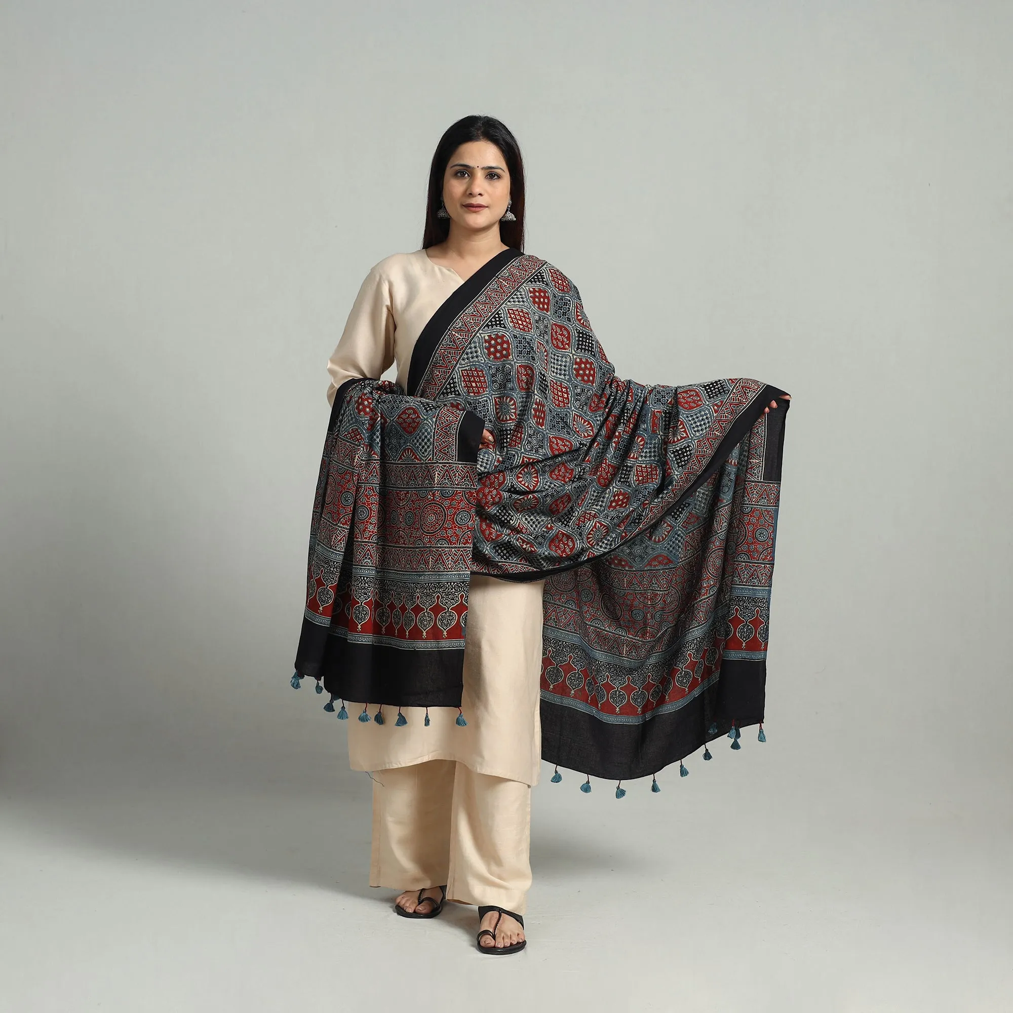 Multicolor - Hand Block Printed Cotton Ajrakh Dupatta 01