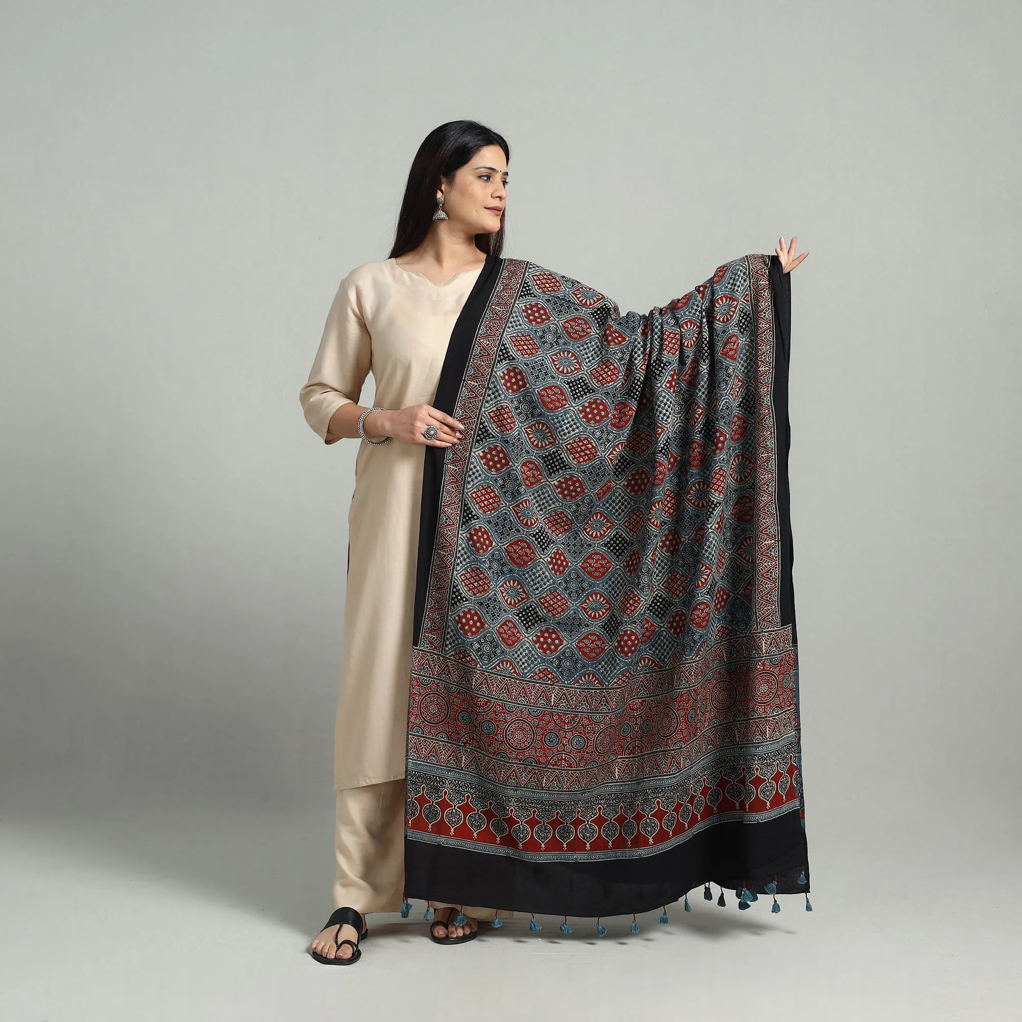 Multicolor - Hand Block Printed Cotton Ajrakh Dupatta 01