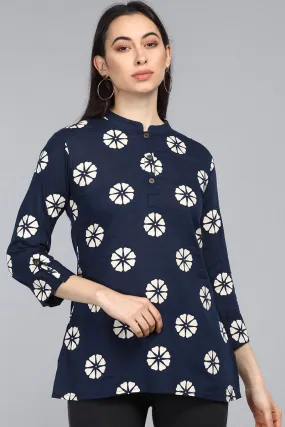 Navy Blue Cotton Floral Print Regular Tunic Top