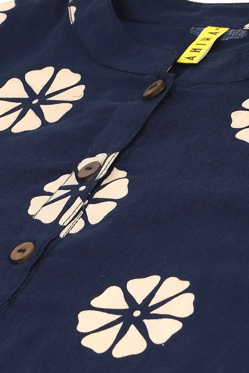 Navy Blue Cotton Floral Print Regular Tunic Top