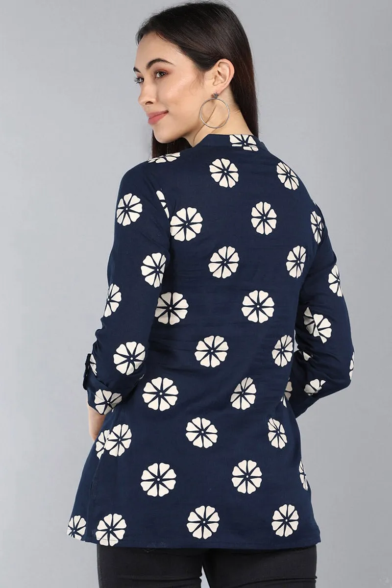 Navy Blue Cotton Floral Print Regular Tunic Top