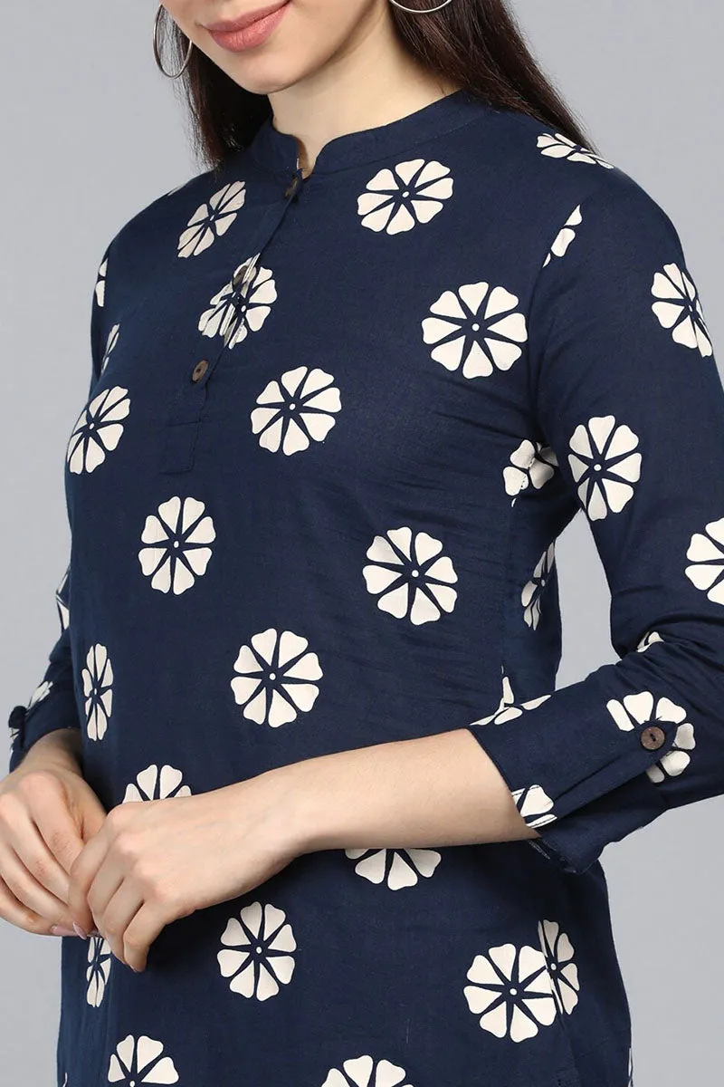 Navy Blue Cotton Floral Print Regular Tunic Top