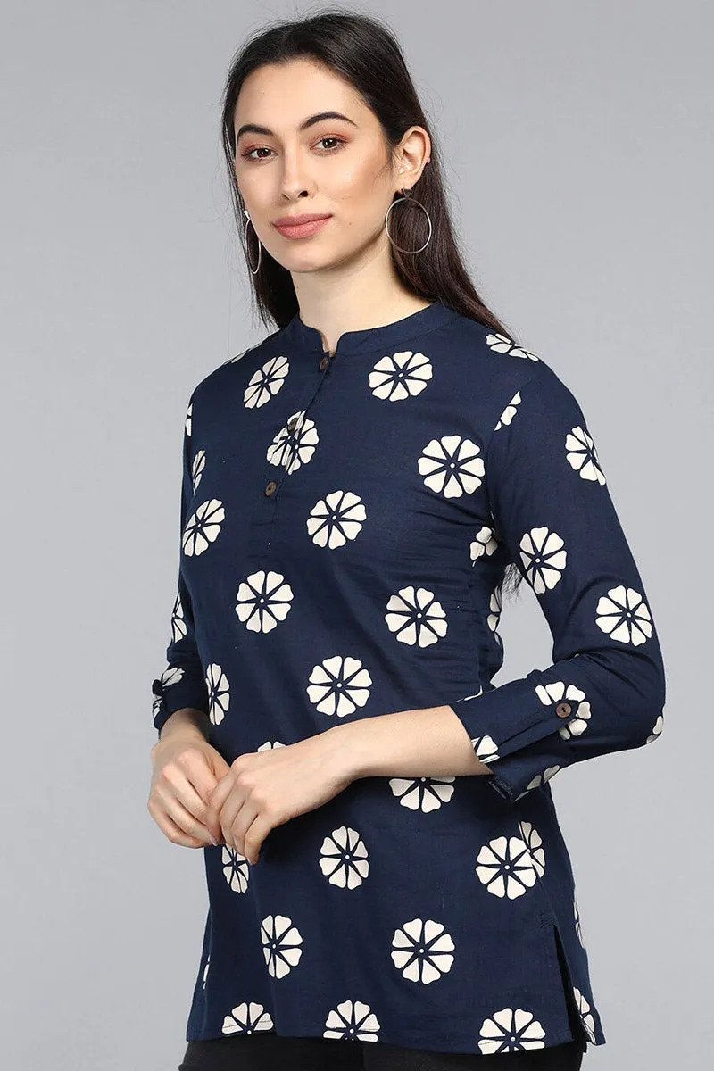 Navy Blue Cotton Floral Print Regular Tunic Top