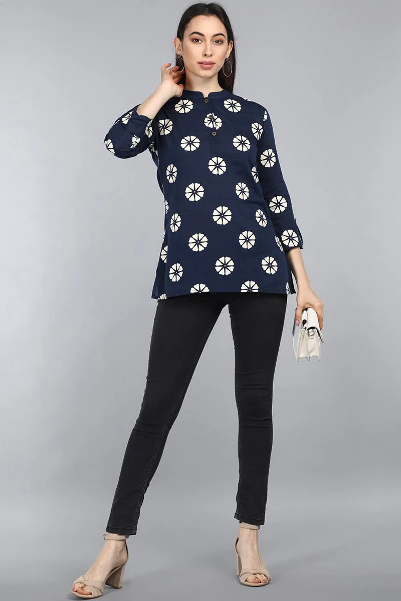 Navy Blue Cotton Floral Print Regular Tunic Top