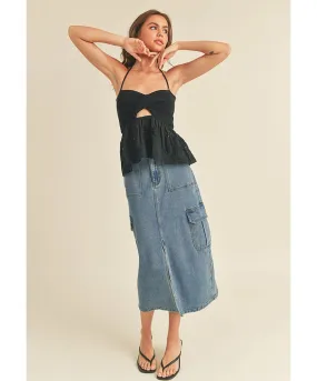 On Trend Denim Midi Skirt