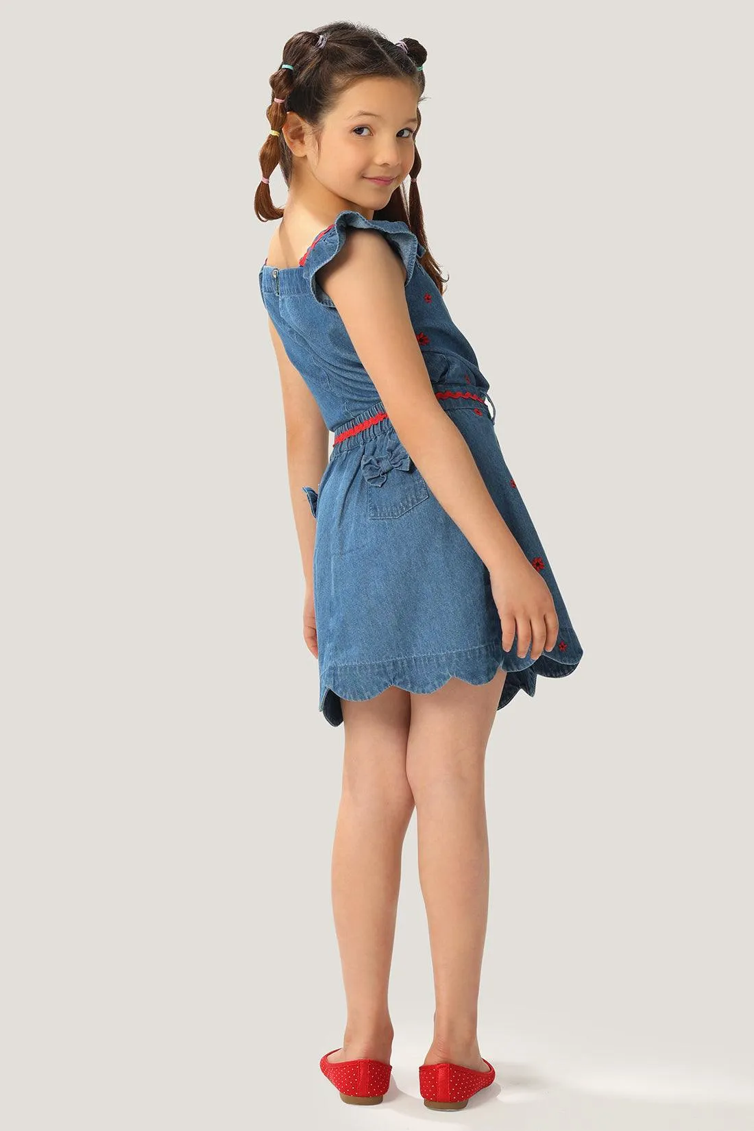 One Friday Kids Girls Indigo Blue Embroidered Denim Skirt With Front Button Opening