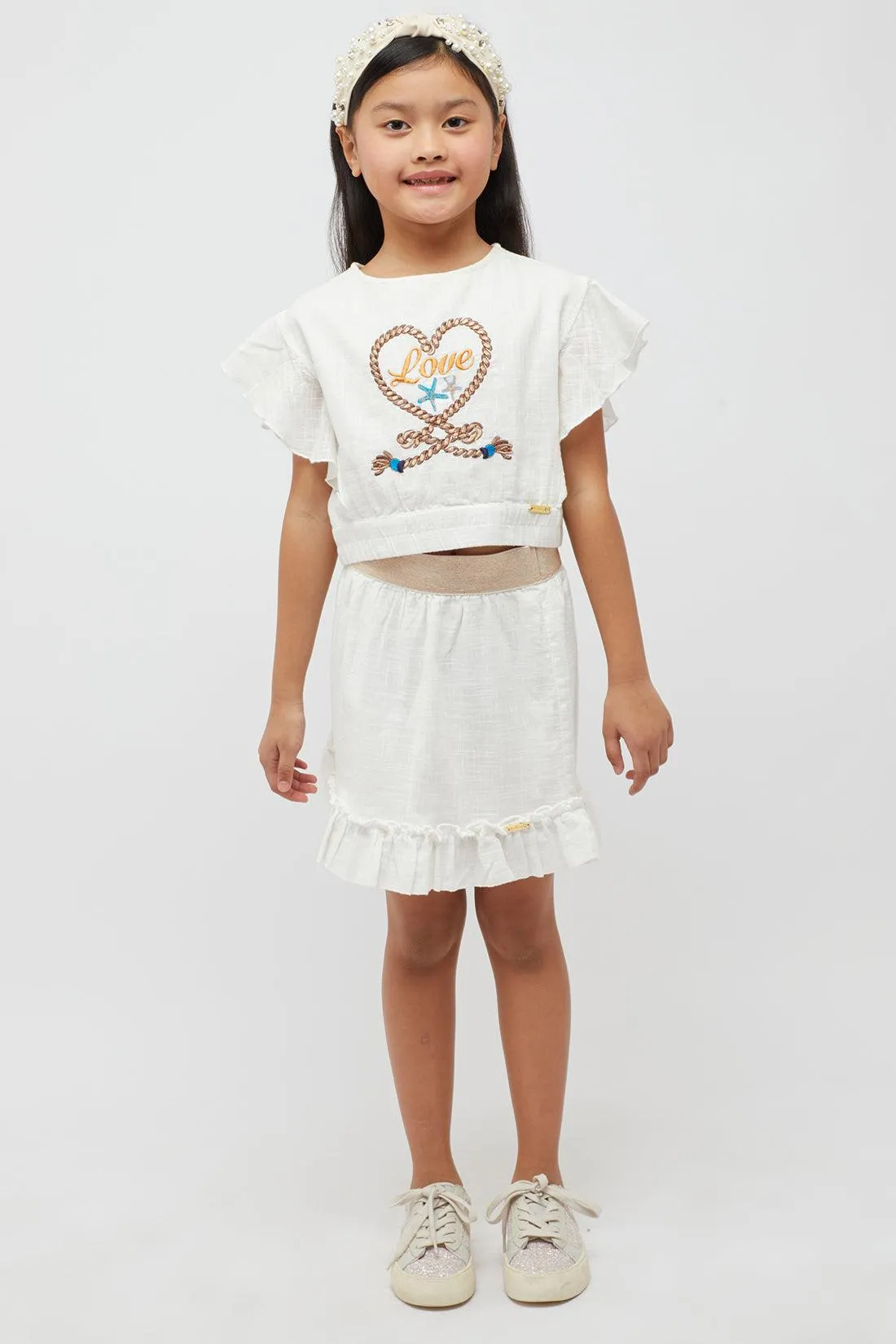 One Friday Kids Girls Off White Pure Cotton Skirt with Hemline Ruffle