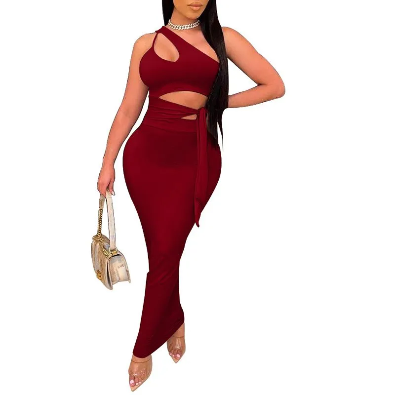 One Shoulder Side Tie Cut Out Midi Bodycon Dress