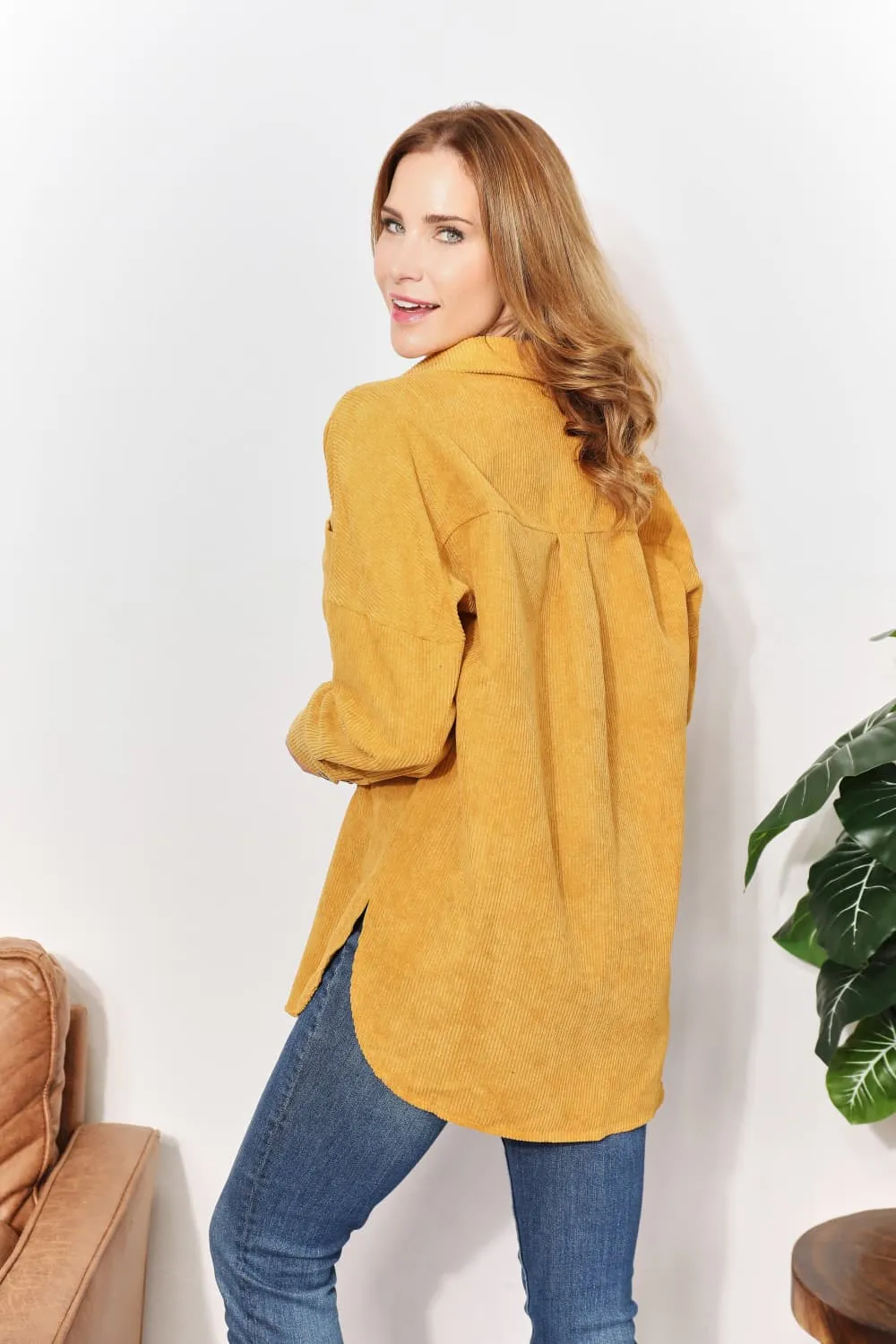 Oversized Corduroy  Button-Down Tunic Shirt with Bust Pocket