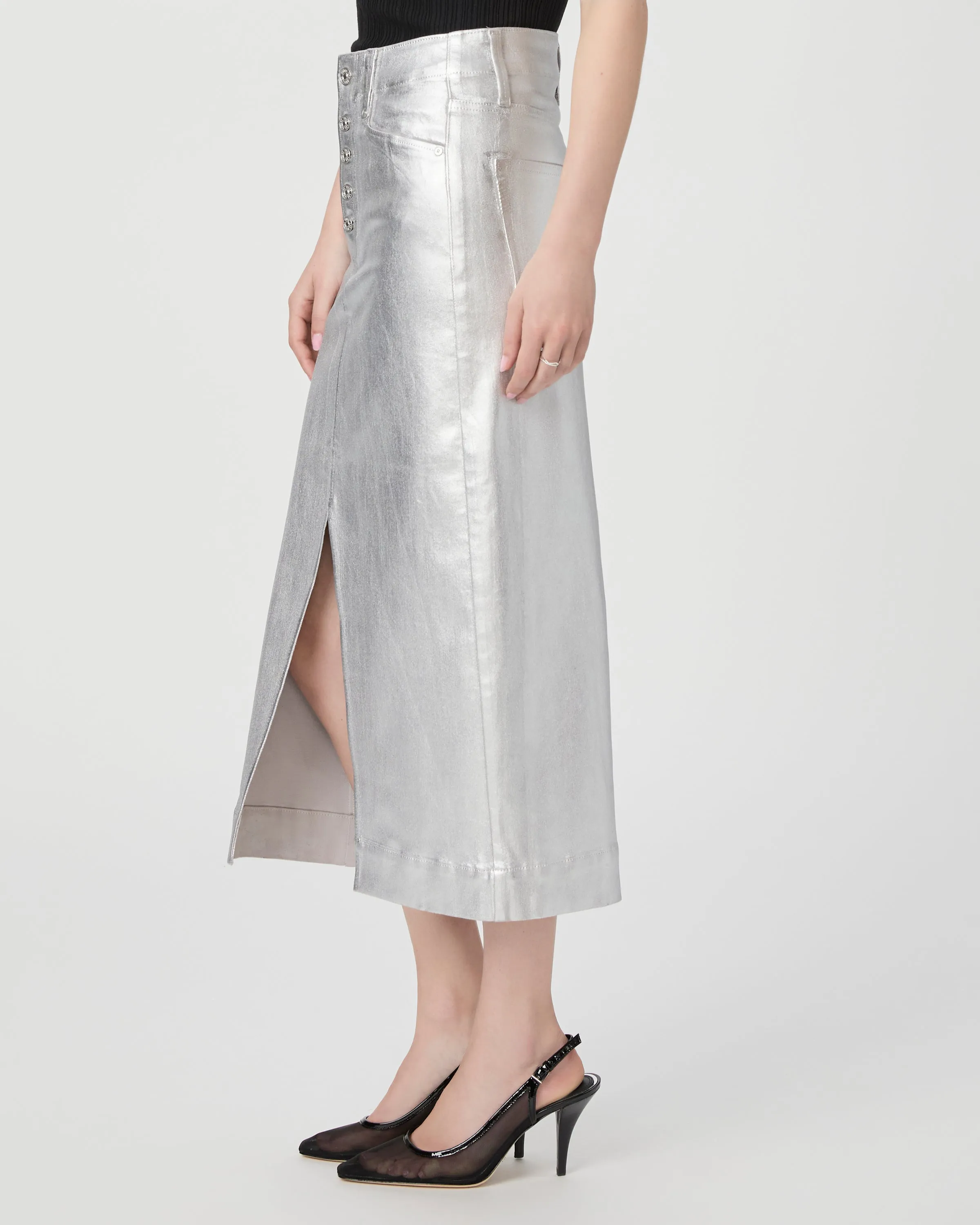 Paige Meadow Midi Skirt in Platinum Silver Luxe Coating