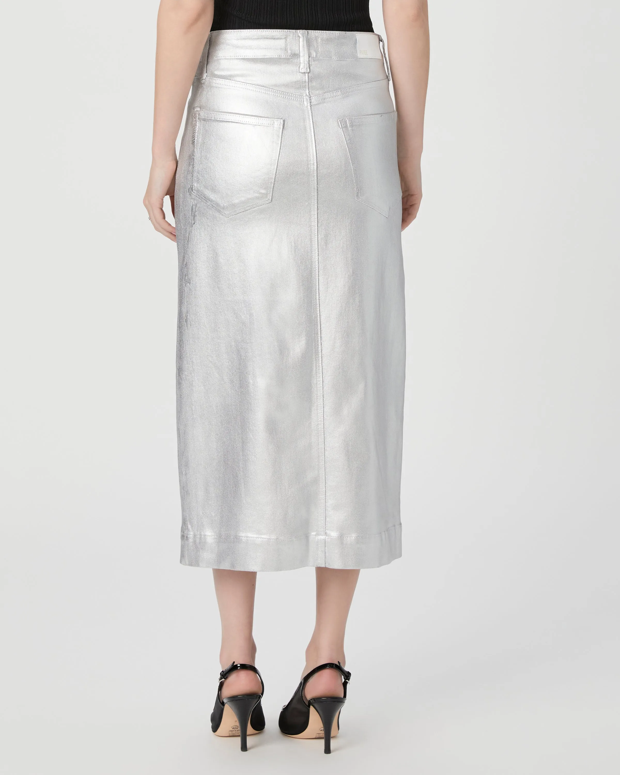 Paige Meadow Midi Skirt in Platinum Silver Luxe Coating