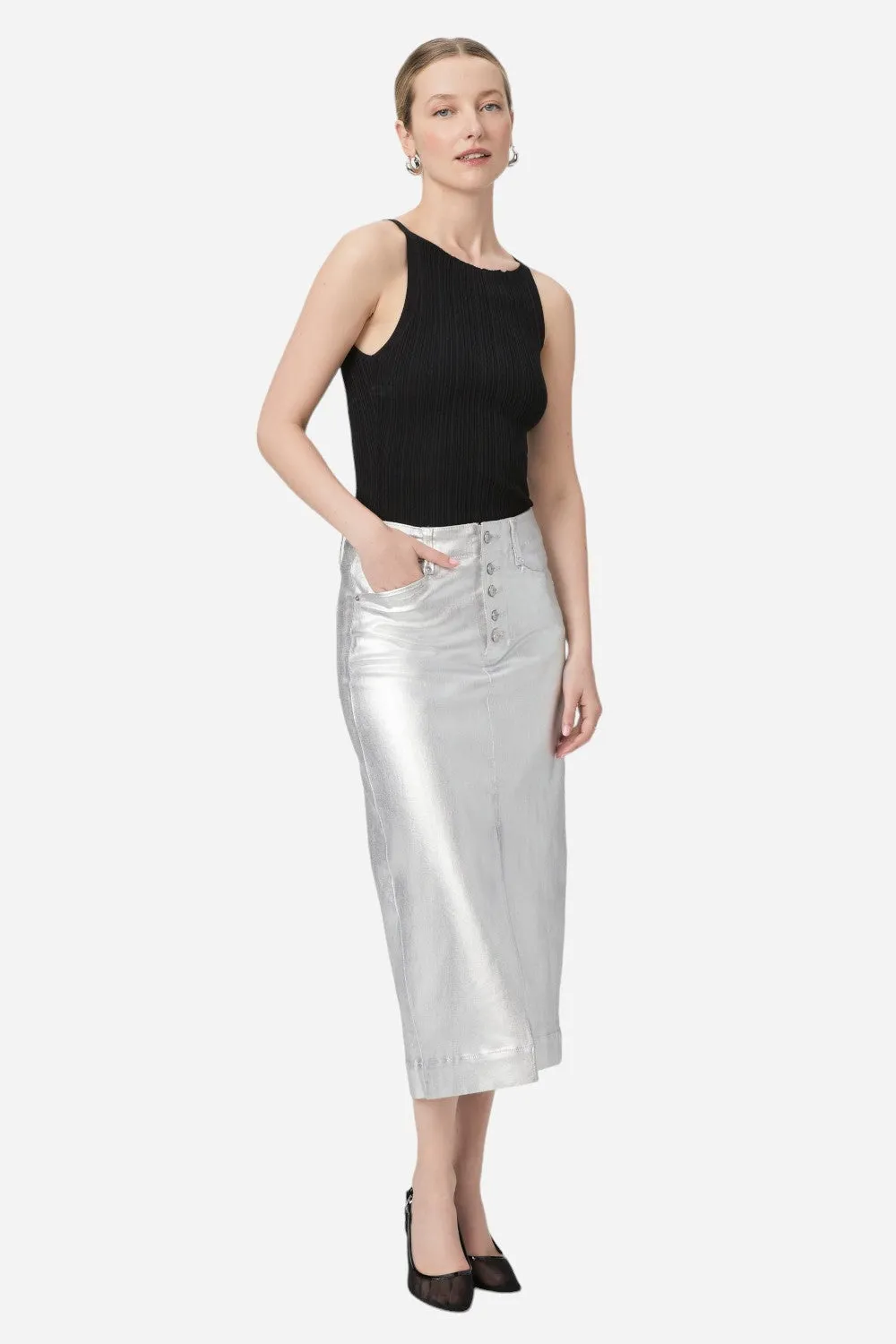 Paige Meadow Midi Skirt in Platinum Silver Luxe Coating