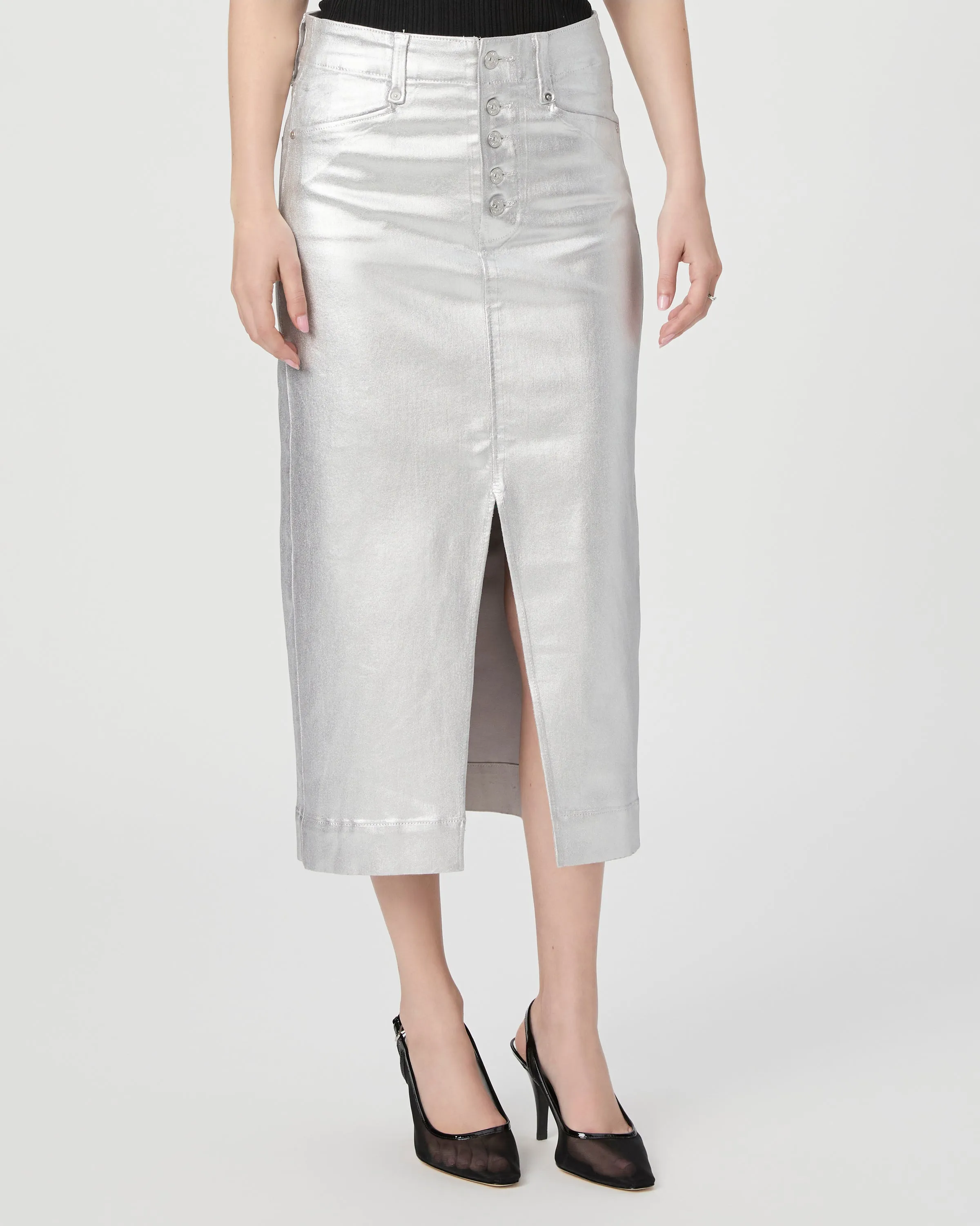 Paige Meadow Midi Skirt in Platinum Silver Luxe Coating