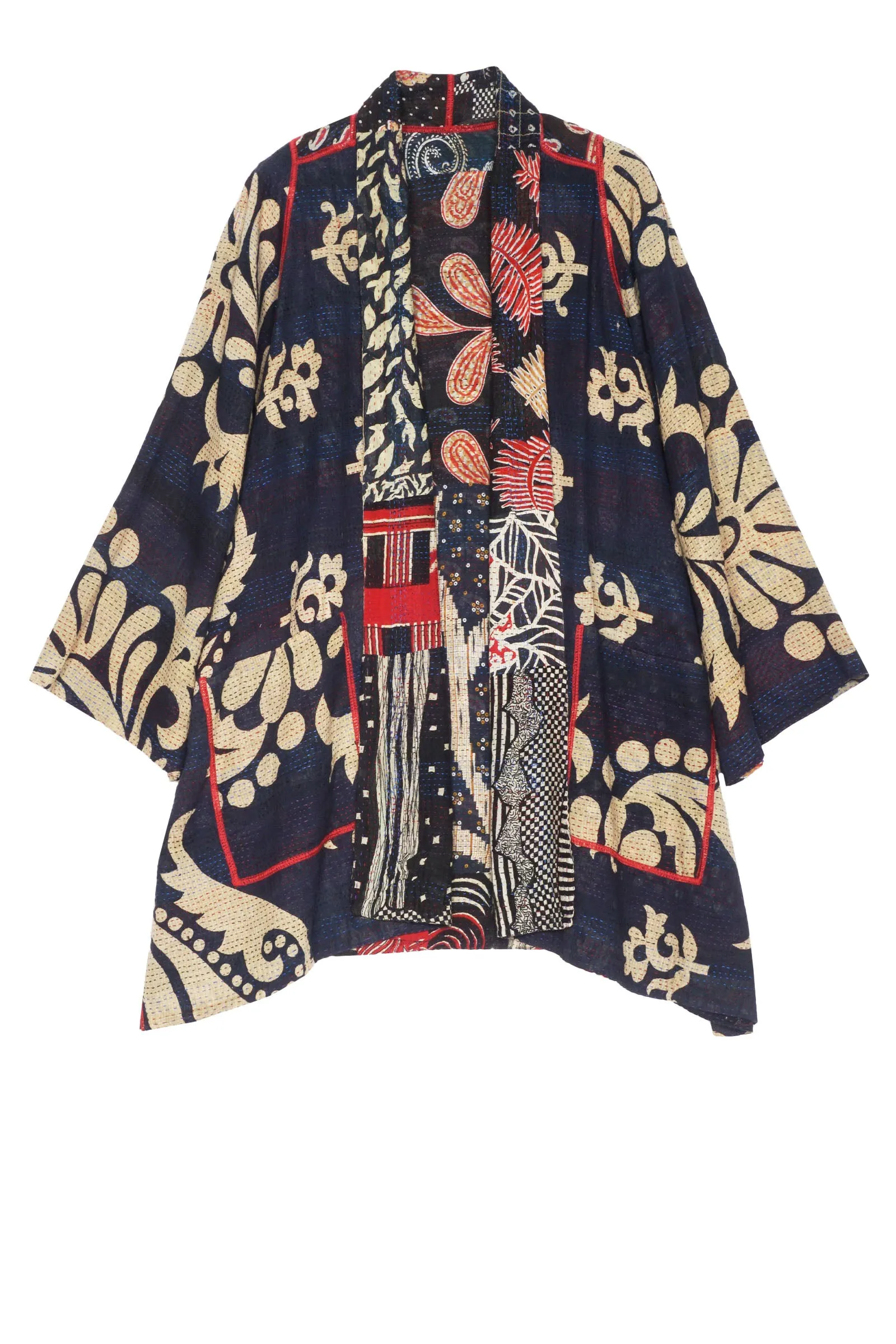 PATCHED PRINT W VINTAGE BACKING KANTHA A-LINE JKT