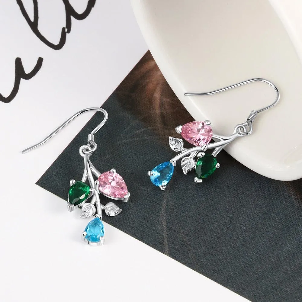 Personalized Drop Branch Leaf Dangle Earrings with Customized 3 Birthstones, Gift Earrings for Women