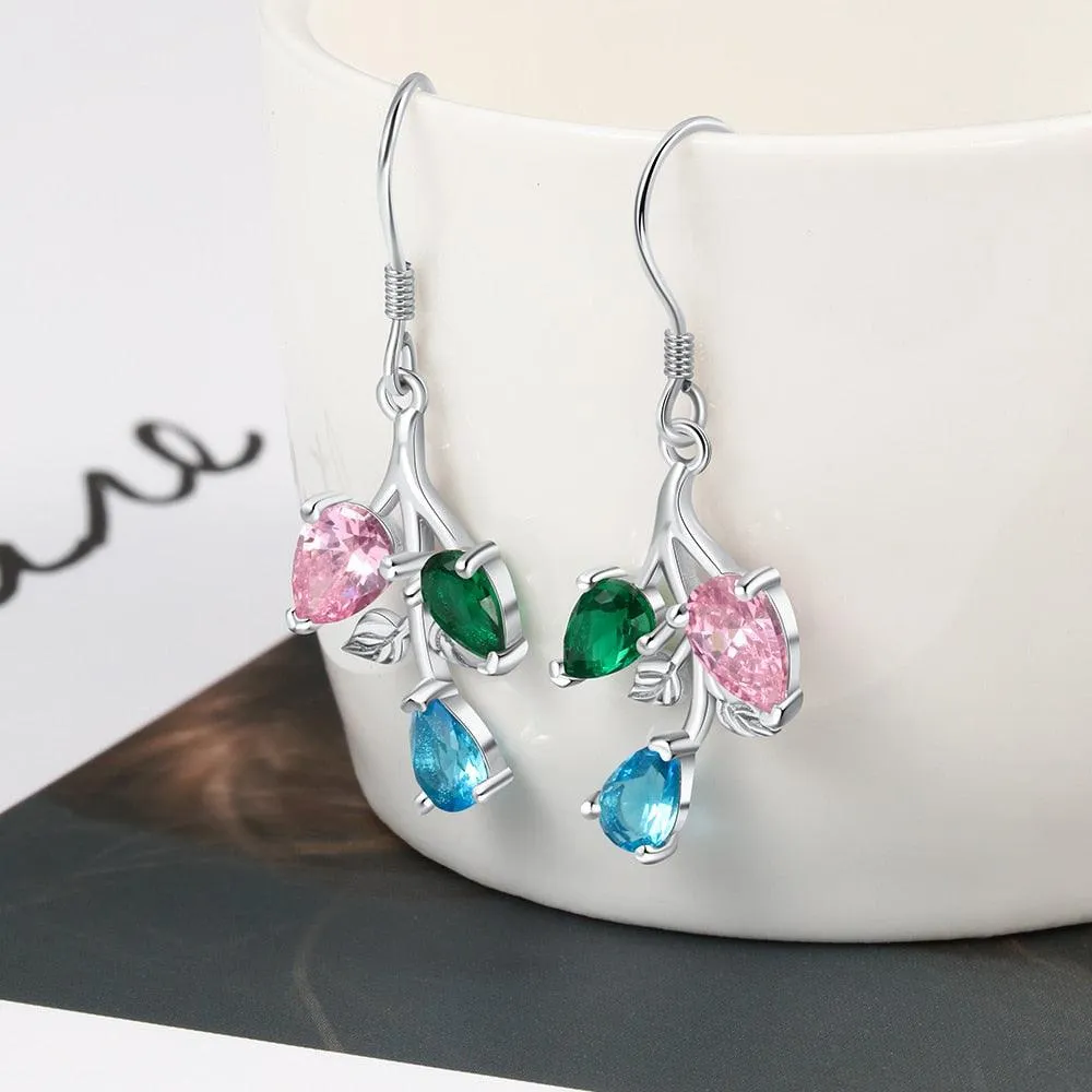 Personalized Drop Branch Leaf Dangle Earrings with Customized 3 Birthstones, Gift Earrings for Women