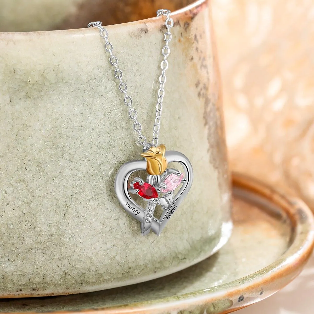 Personalized Rose Heart Birthstone Necklace - Custom Jewelry For Women - Flower Pendant Necklace For Women - Heart Pendant Necklace For Women