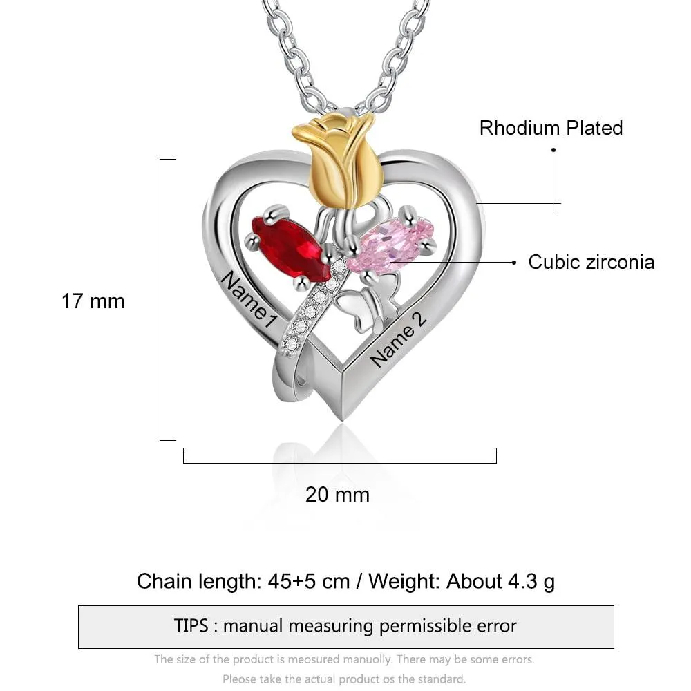 Personalized Rose Heart Birthstone Necklace - Custom Jewelry For Women - Flower Pendant Necklace For Women - Heart Pendant Necklace For Women