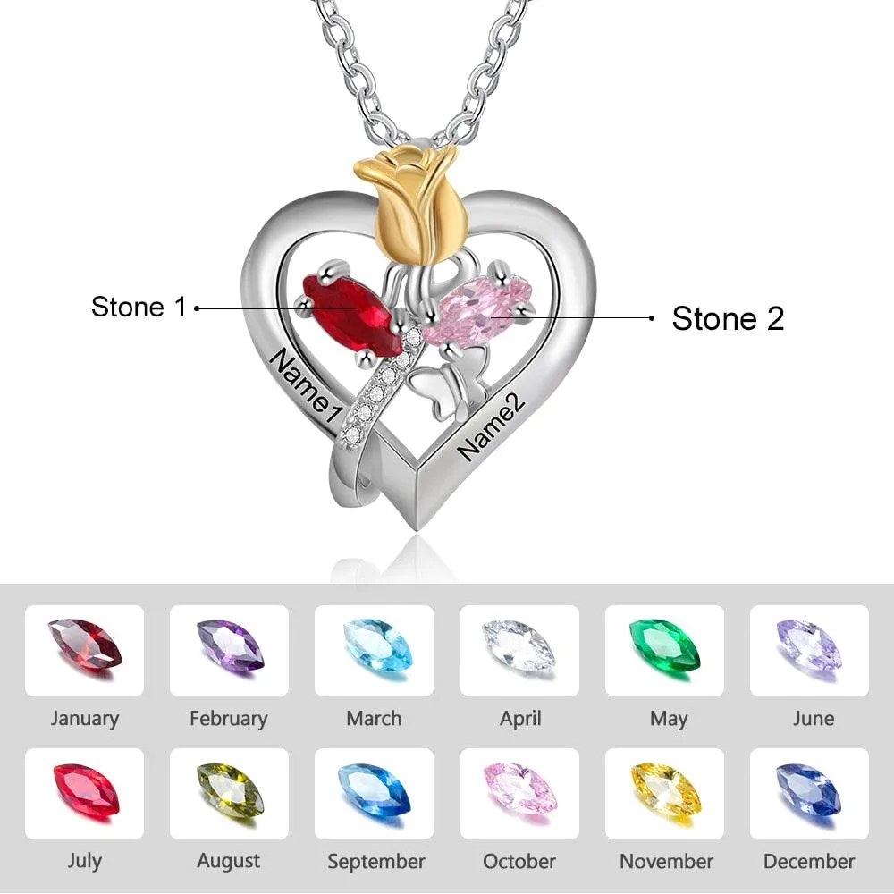 Personalized Rose Heart Birthstone Necklace - Custom Jewelry For Women - Flower Pendant Necklace For Women - Heart Pendant Necklace For Women