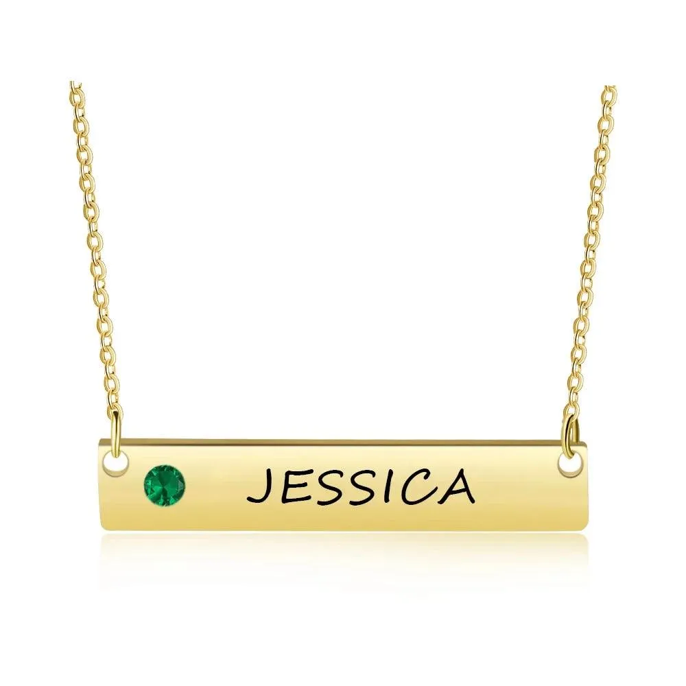 Personalized Stainless Steel Necklace With Engrave Name Plate And Custom Birthstone Pendant, Anniversary Gift