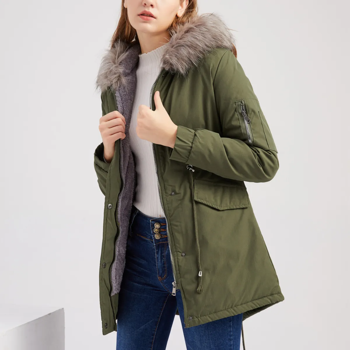 Polina™ | Hooded Plush Lined Cotton Mid-Length Parka