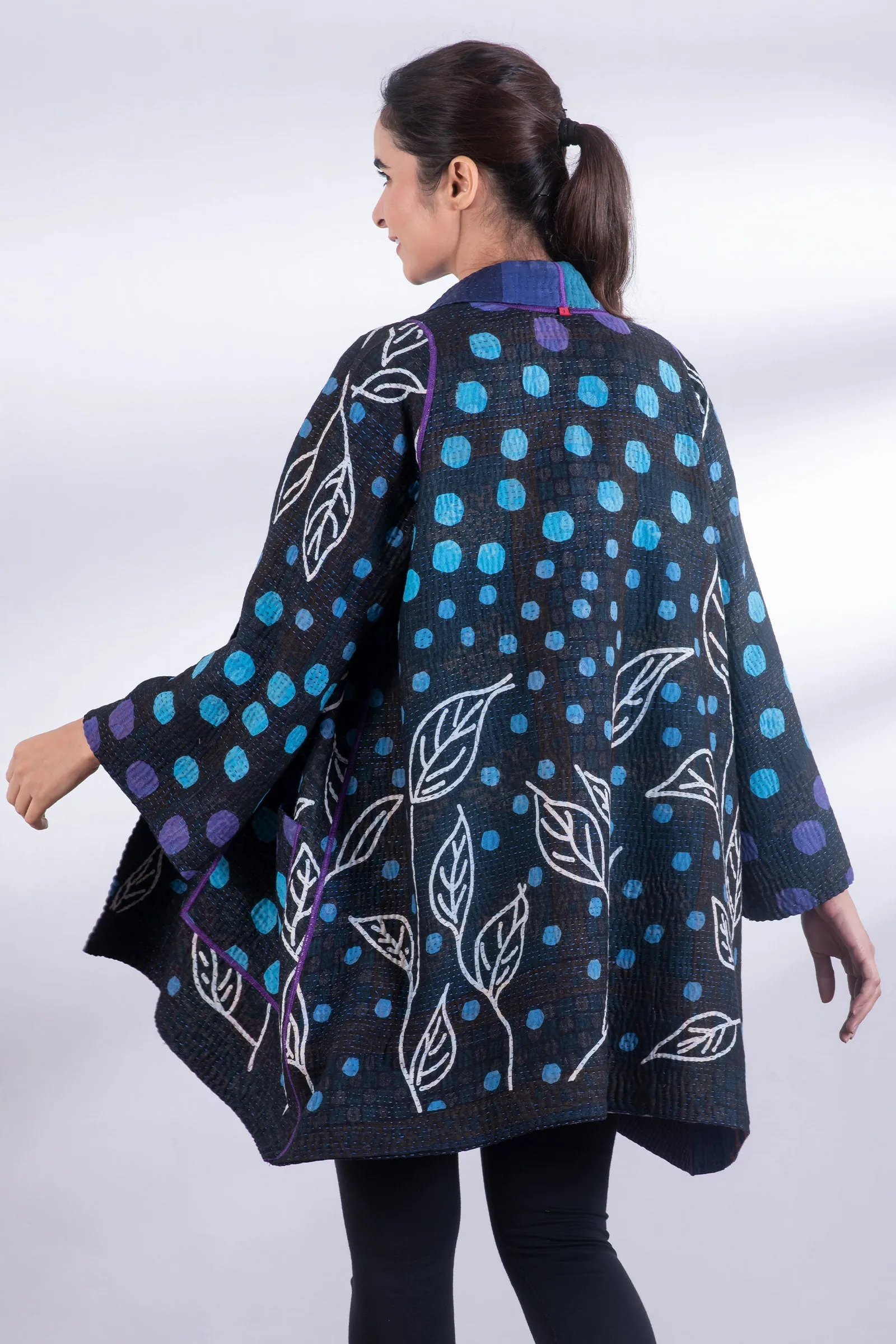 POLKA DOTS & LEAVES KANTHA A-LINE JACKET