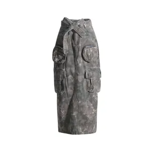 Pre Order: Camouflage Tie Waist Pocket Hip Hugging Denim Skirt