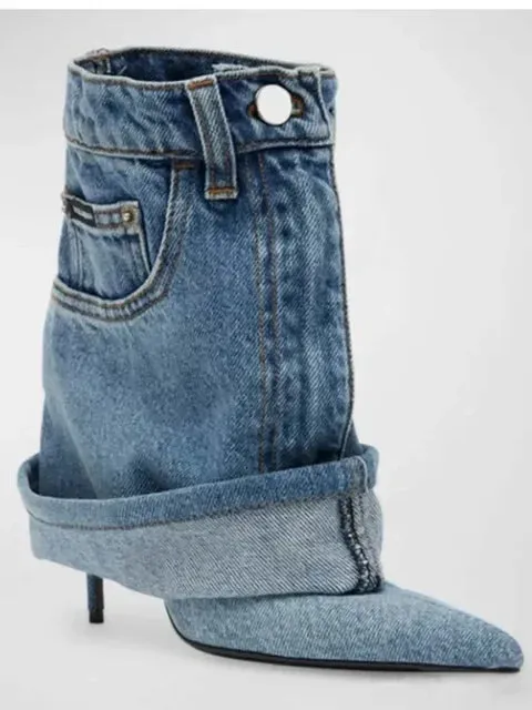 Pre Order:  Denim Pointed Toe Fine High Heel Skirt Boots