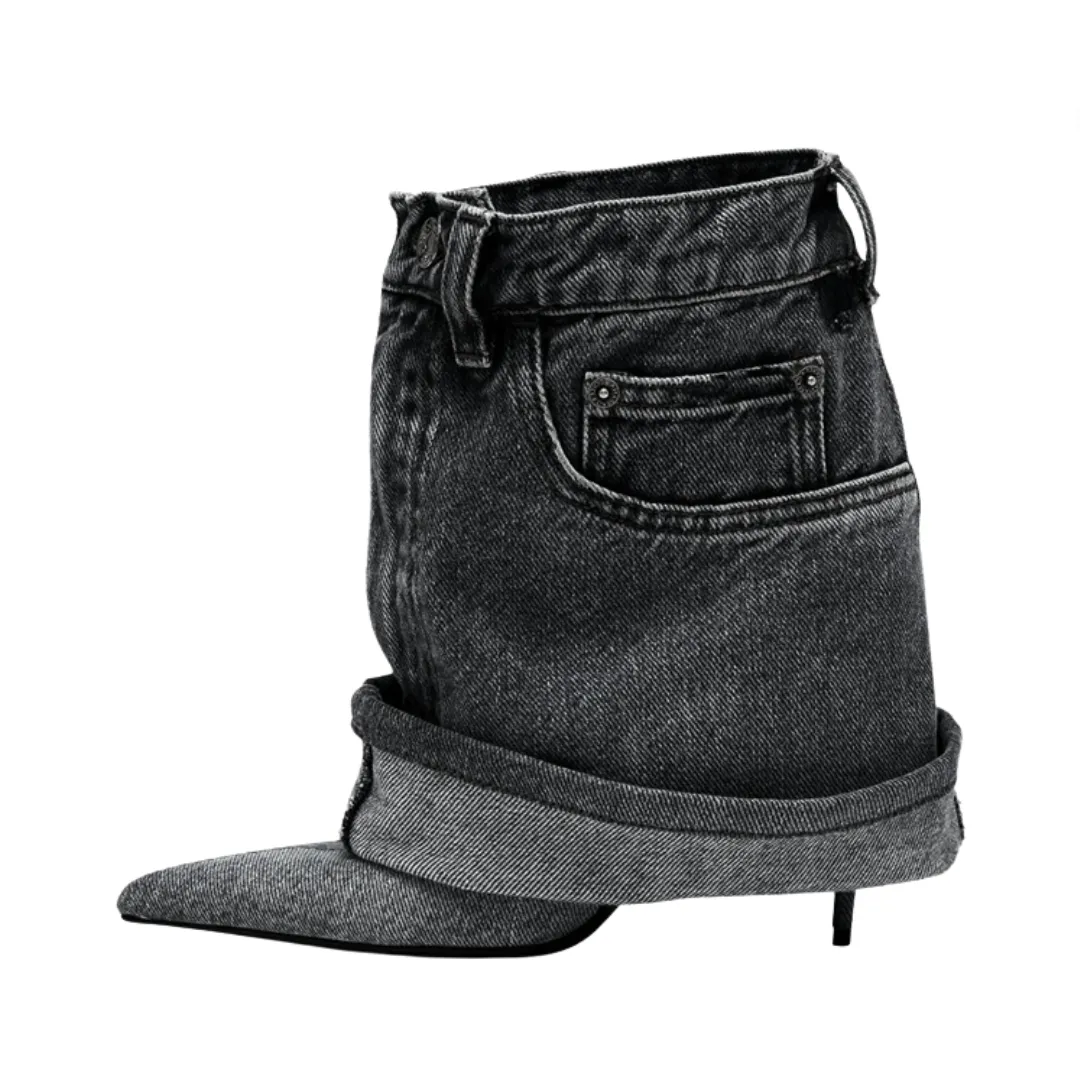 Pre Order:  Denim Pointed Toe Fine High Heel Skirt Boots