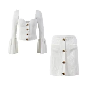 Pre Order:  Flare Long Sleeve Heart Collar White Blouse   Mini Skirt