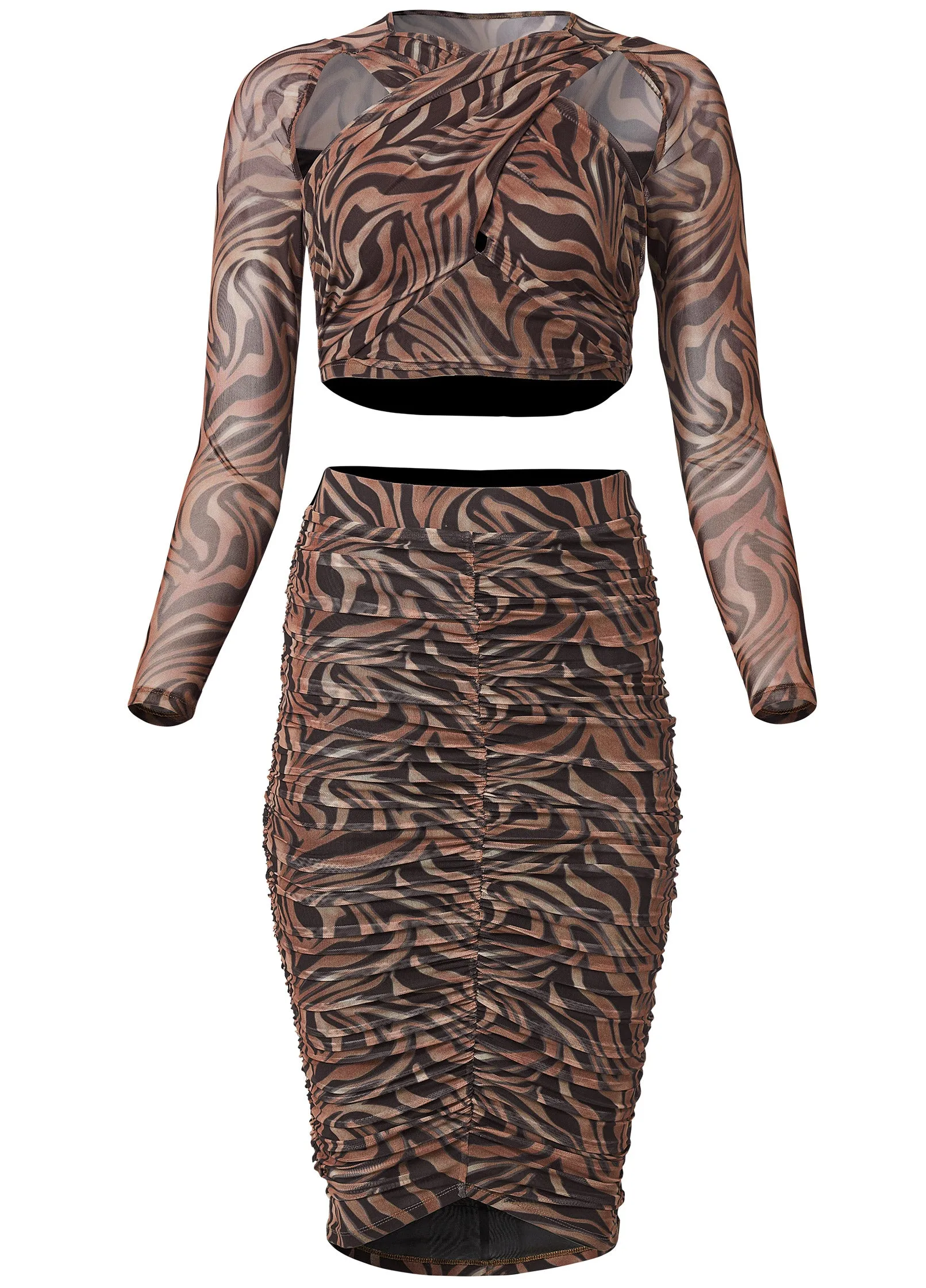 Printed Top And Skirt Set - Black & Tan