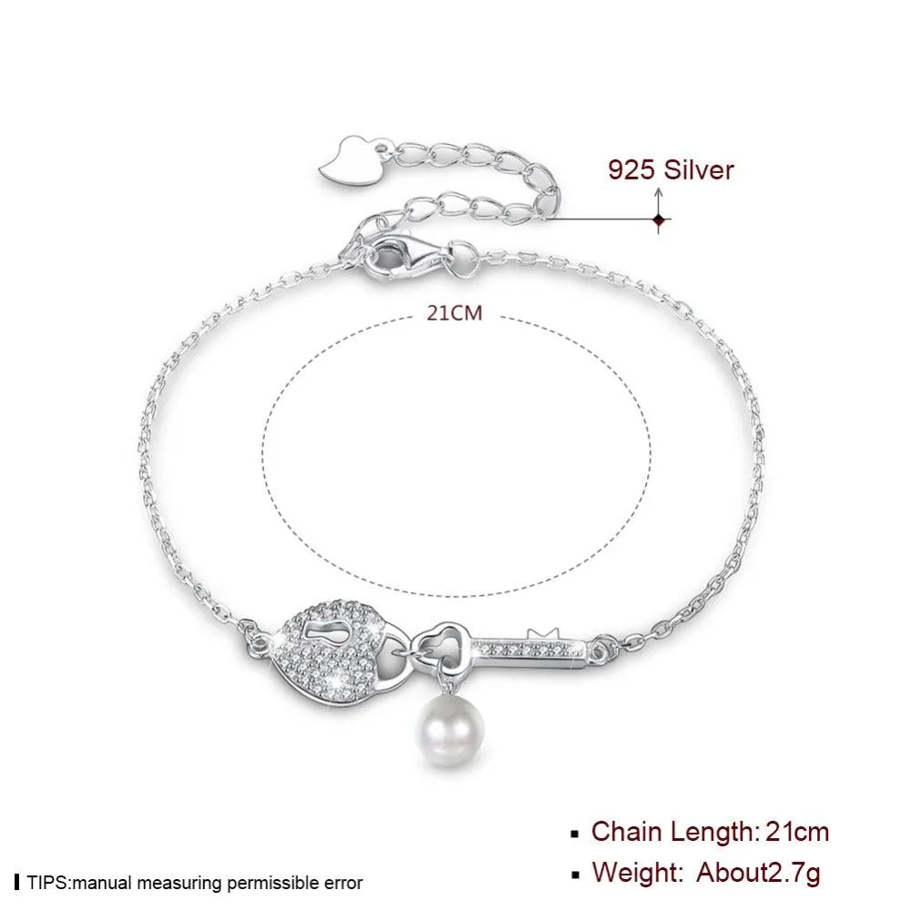 Promise 925 Sterling Silver Bracelet Silver-Color For Women Heart And Key Lover's Gift Trendy  jewelry