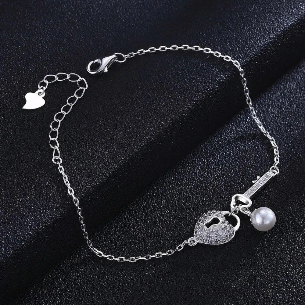 Promise 925 Sterling Silver Bracelet Silver-Color For Women Heart And Key Lover's Gift Trendy  jewelry