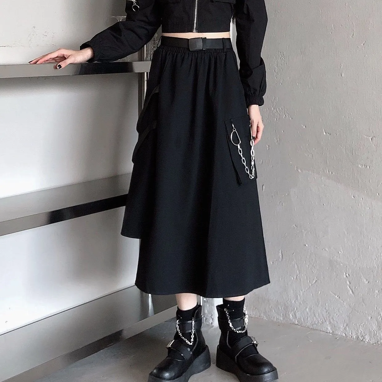 Punk Chain Pocket Long Skirt SD01293