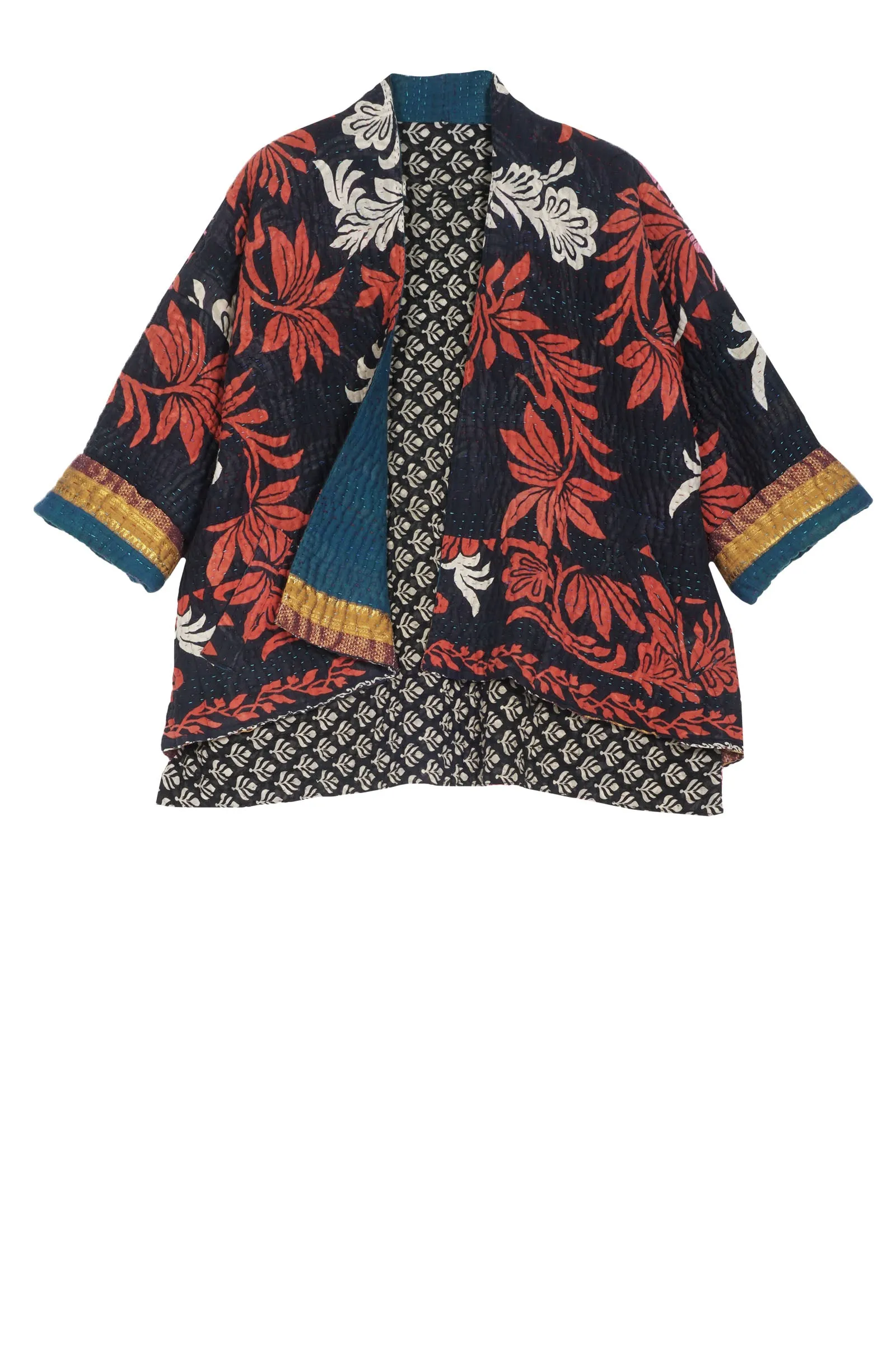 QUILTED VINTAGE COTTON KANTHA MINI KIMONO JKT