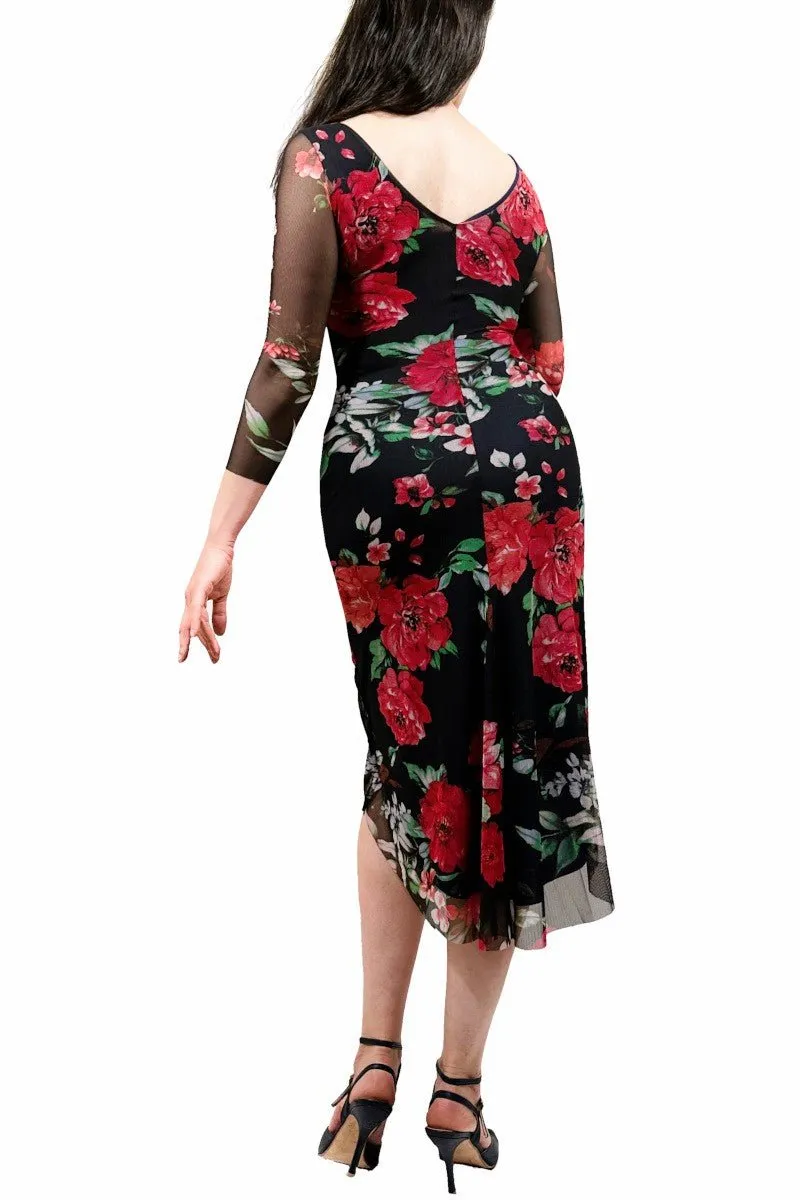 red flower NINA mesh tango dress with sleeves