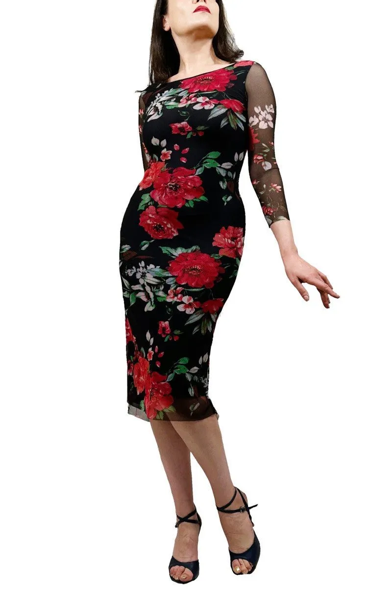 red flower NINA mesh tango dress with sleeves