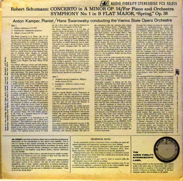 Robert Schumann, Orchester Der Wiener Staatsoper, Anton Kamper -  Concerto In A Minor, Op. 54 For Piano And Orchestra, Symphony No. 1 In B Flat Major, Op. 38 "Spring" (LP, Album) (VG )