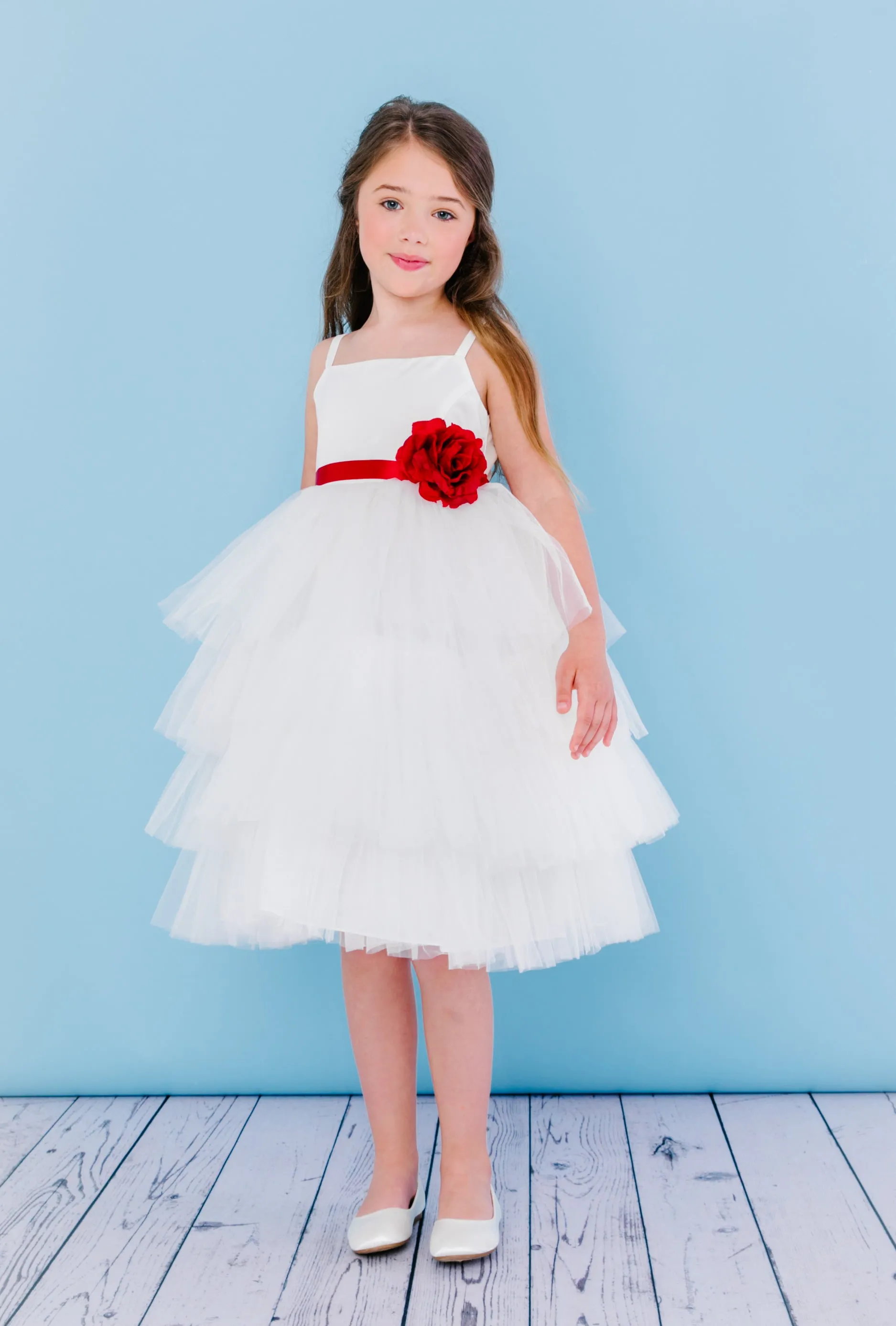 Rosebuds 5117 Size 4 Ivory Tea Length Layered Flower Girl Dress Flower Ribbon Ruffle